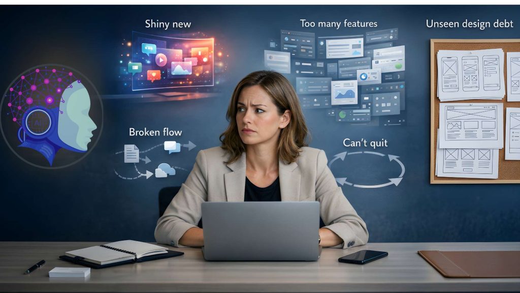 Professional woman surrounded by four ai tool traps including shiny new tools, too many features, broken workflows, and difficulty deciding when to remove ai tools