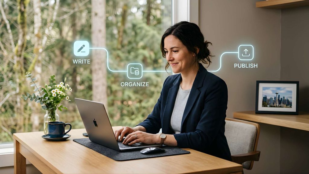 Professional woman using a simple ai workflow with minimal tools showing how to avoid ai tool becomes a distraction and improve productivity