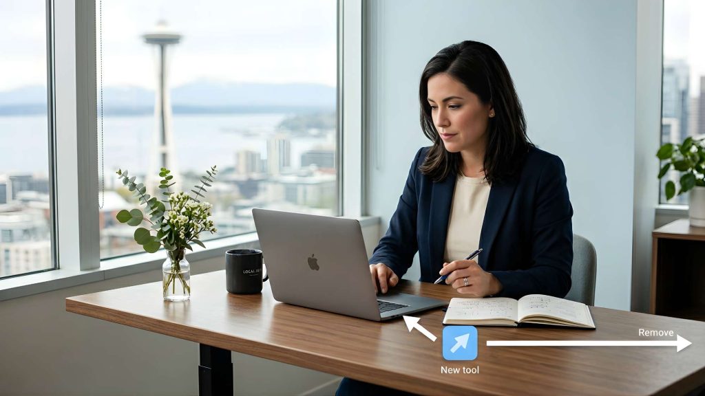 Professional woman applying the one tool rule by replacing tools instead of accumulating them, showing when to remove ai tools for better productivity