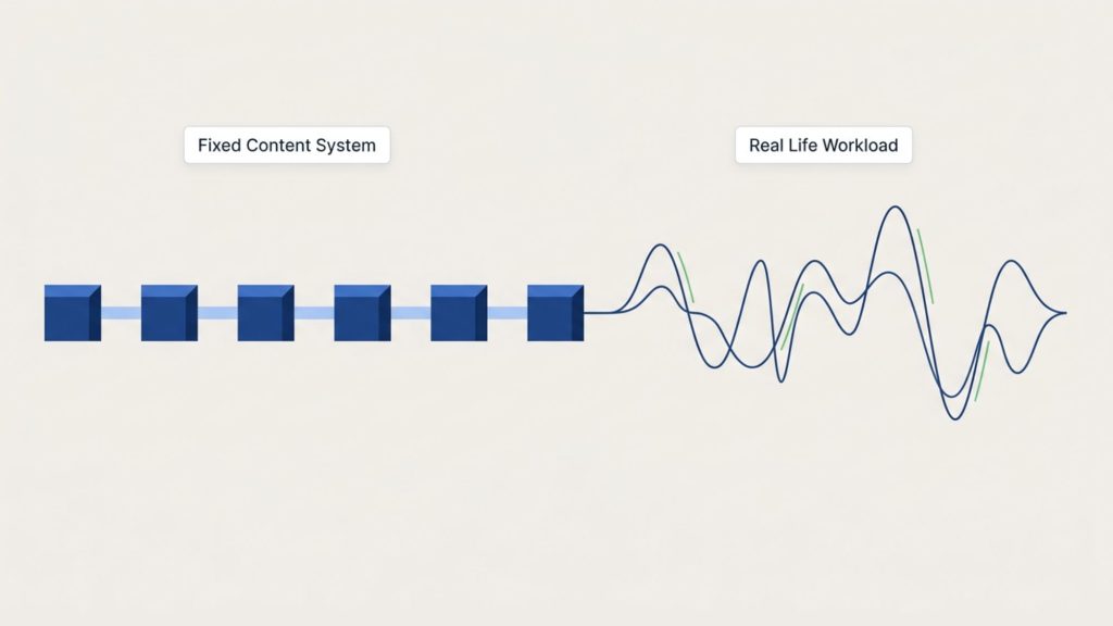 diagram showing how rigid content systems fail when life gets busy and energy fluctuates