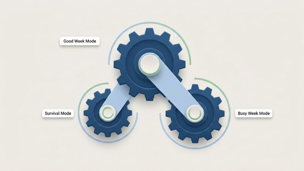 three gear content consistency system showing adaptable publishing modes for busy weeks