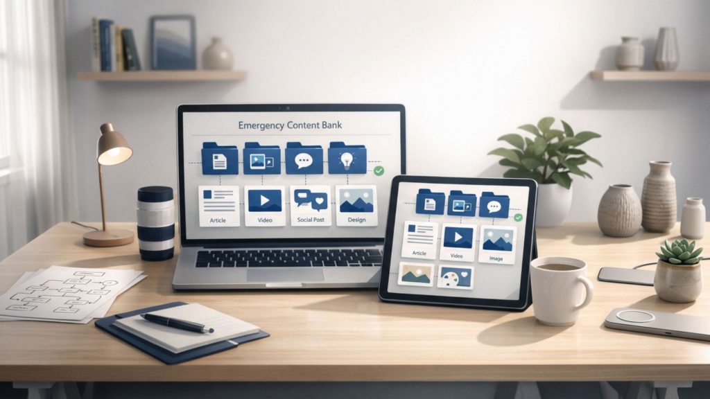 organized emergency content bank system helping creators maintain content consistency during busy periods
