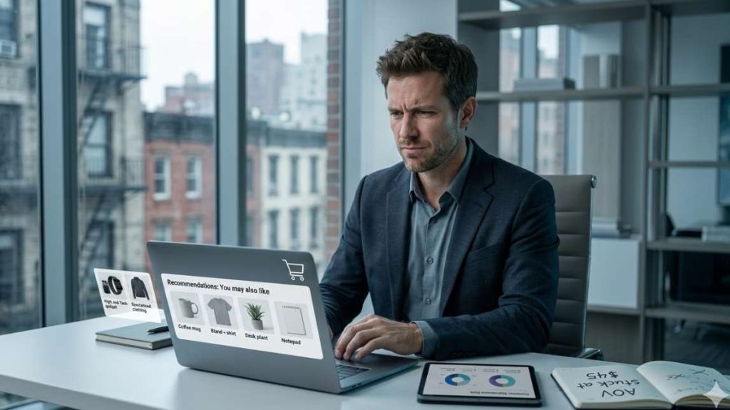 A frustrated businessman looking at a laptop showing basic product recommendations and a notebook entry about stagnant AOV, highlighting the need for AI personalization ecommerce.
