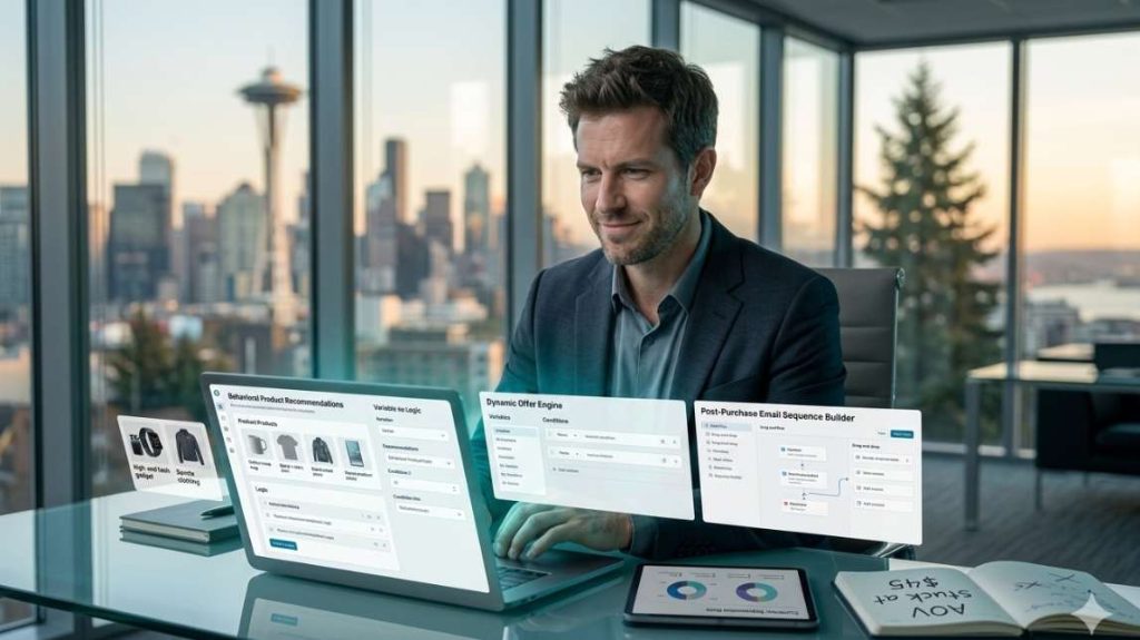 A smiling professional using a laptop with floating digital windows showing a dynamic offer engine and email sequence builder for AI personalization ecommerce.
