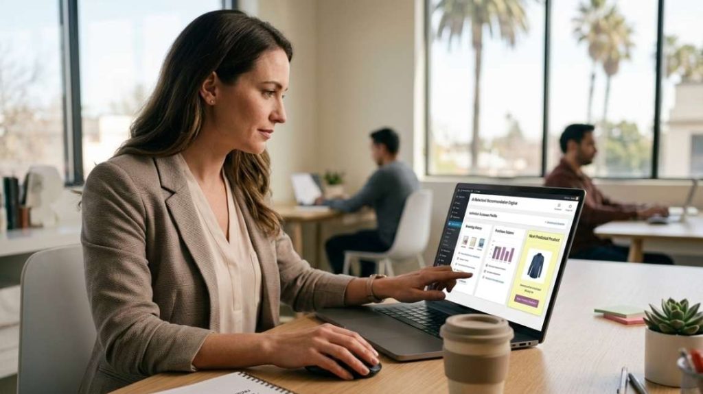 A woman in a modern office pointing at a laptop screen showing an AI personalization ecommerce recommender engine setup.
