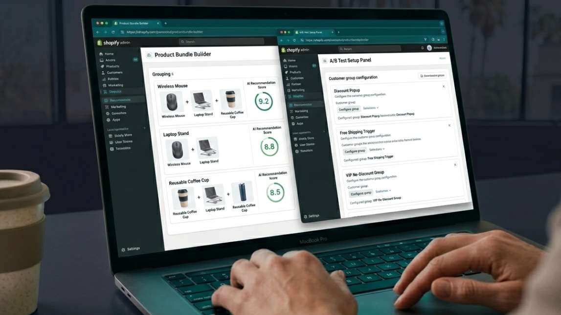 Close-up of a Shopify-style admin panel featuring a product bundle builder with AI recommendation scores for AI personalization ecommerce optimization.
