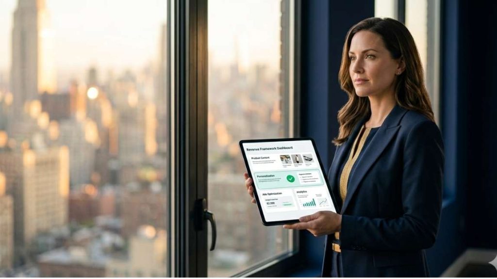 A professional woman holding a tablet displaying a revenue framework dashboard with a focus on AI personalization ecommerce and data analytics.
