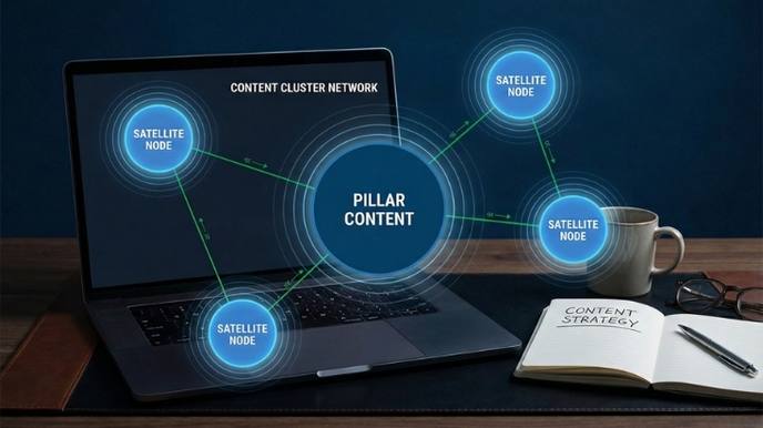 Content cluster architecture diagram on laptop showing pillar-satellite network structure for building E-E-A-T authoritativeness and topical authority in 2026