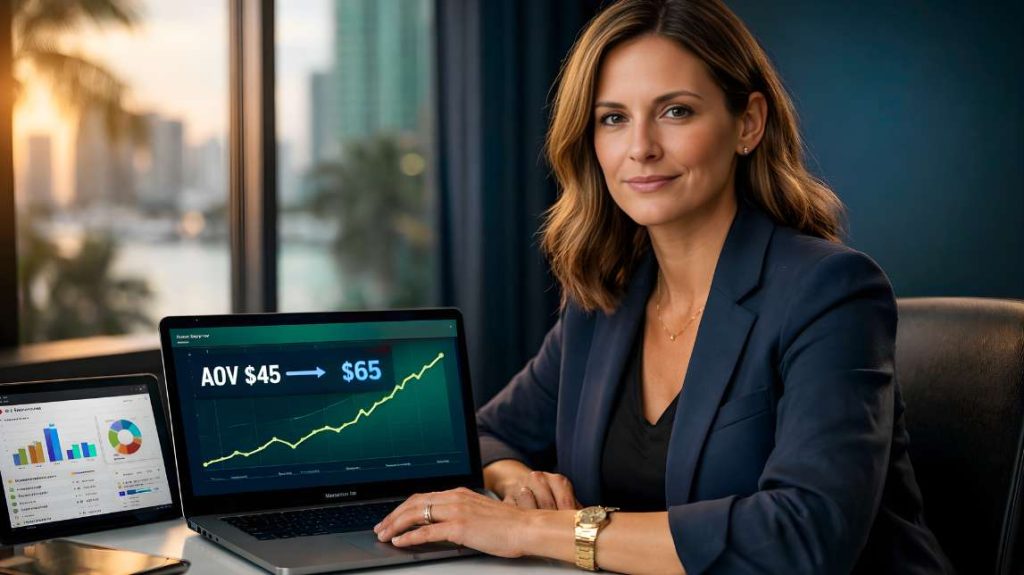 A confident businesswoman sitting with a laptop showing a growth graph where AOV increases from $45 to $65 thanks to AI personalization ecommerce.