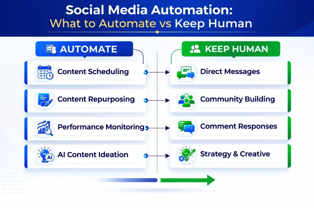 
Infographic showing which social media tasks should be automated and which should remain human such as content scheduling, analytics monitoring, direct messages and community building.