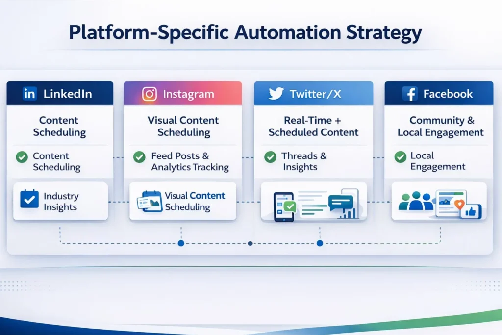 
Infographic showing automation strategies for LinkedIn, Instagram, Twitter and Facebook including scheduling, analytics tracking and engagement tasks.