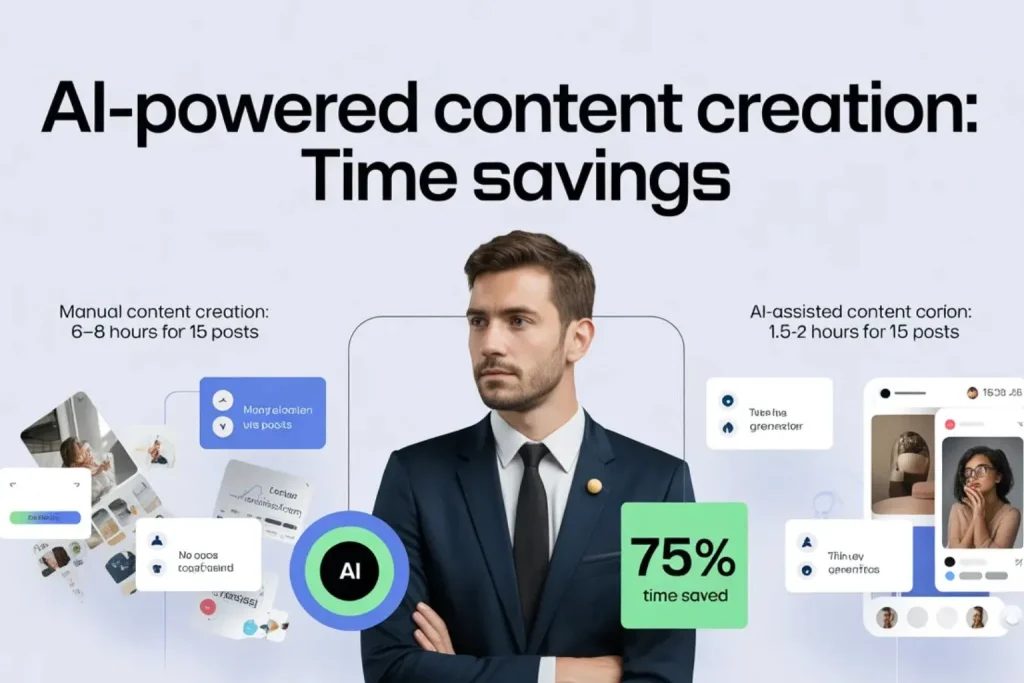 
Comparison infographic showing manual social media content creation taking six to eight hours versus AI assisted content creation taking one to two hours for fifteen posts.