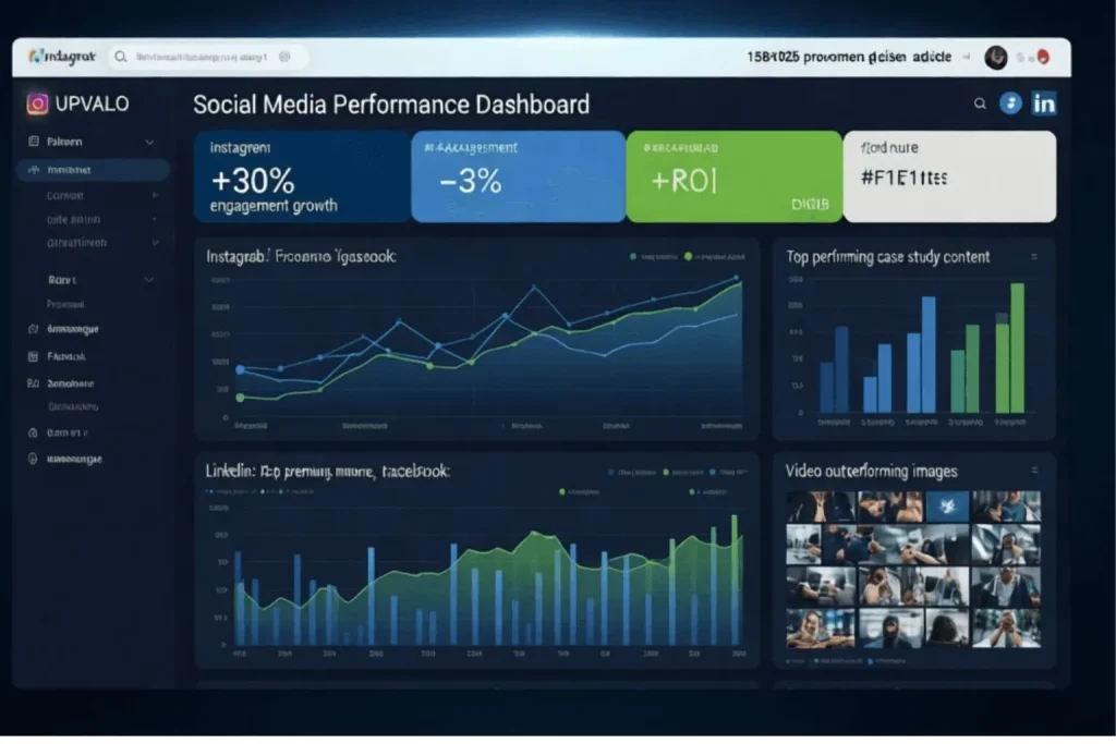 
Analytics dashboard infographic showing social media performance metrics including Instagram engagement growth, Twitter performance decline, LinkedIn top content and Facebook video results.