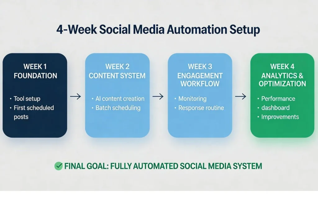 H2: Complete Social Media Automation Setup — Your 4-Week Action Plan
        ↓
🖼️ صورة 3 ← هنا قبل Week 1 details
        ↓
Week 1: Foundation
Week 2: Content System
Week 3: Engagement Workflow
Week 4: Analytics & Optimization