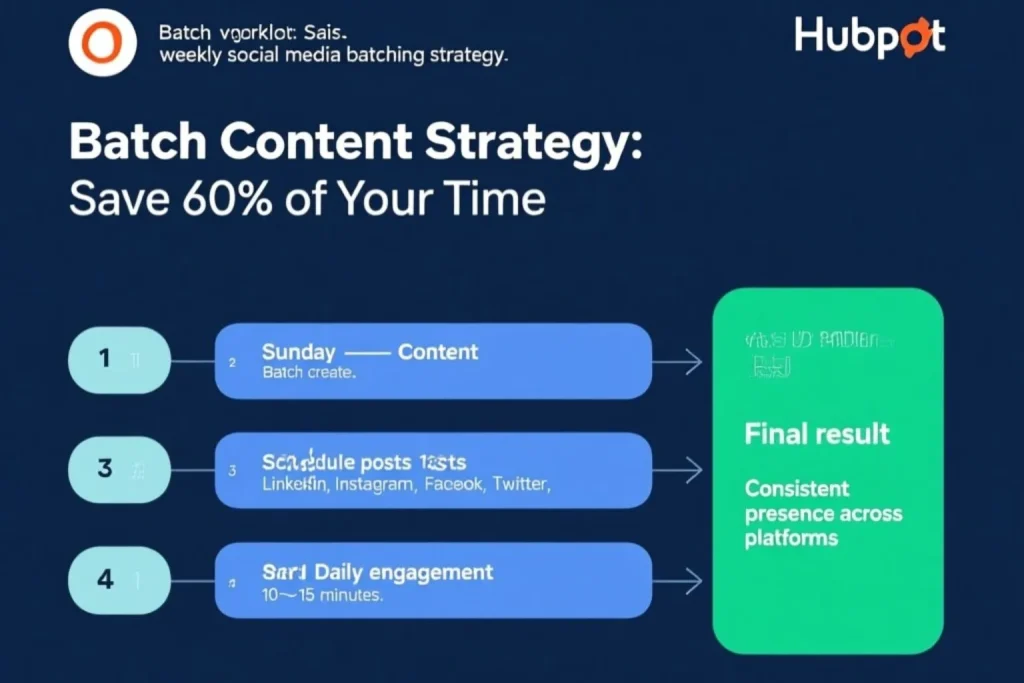 Social media automation for small business batching strategy showing daily posting vs weekly batching time comparison