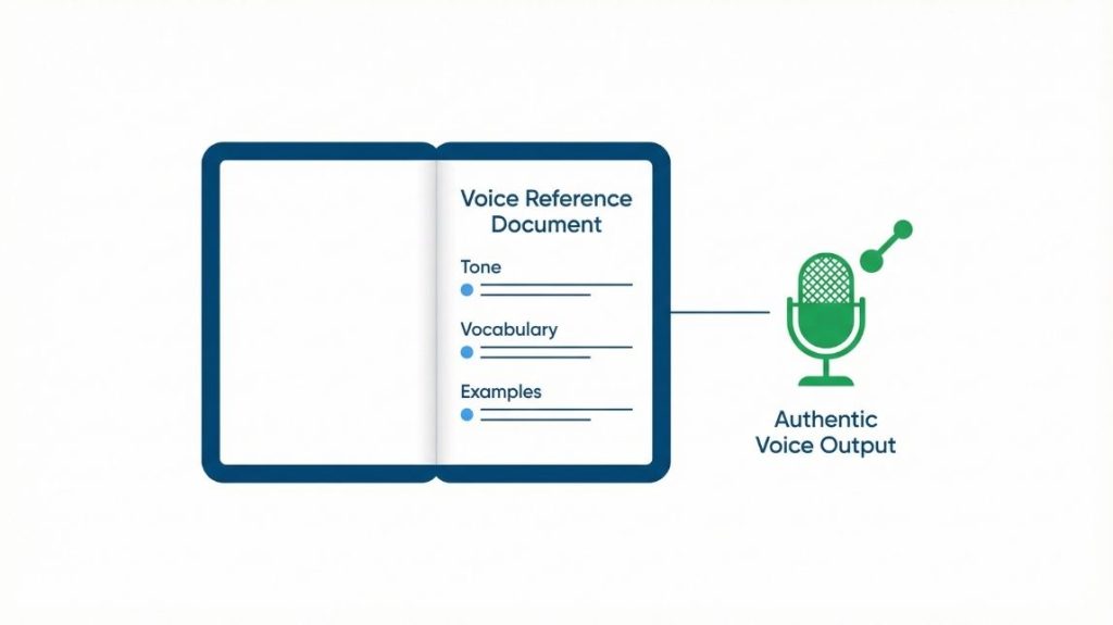 Brand voice reference document template showing tone, vocabulary preferences, and example sentences for AI prompt instructions in content writing