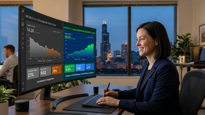 Before and after transformation showing Chicago marketing agency E-E-A-T implementation results, from declining traffic to 50 percent increase in high-intent leads