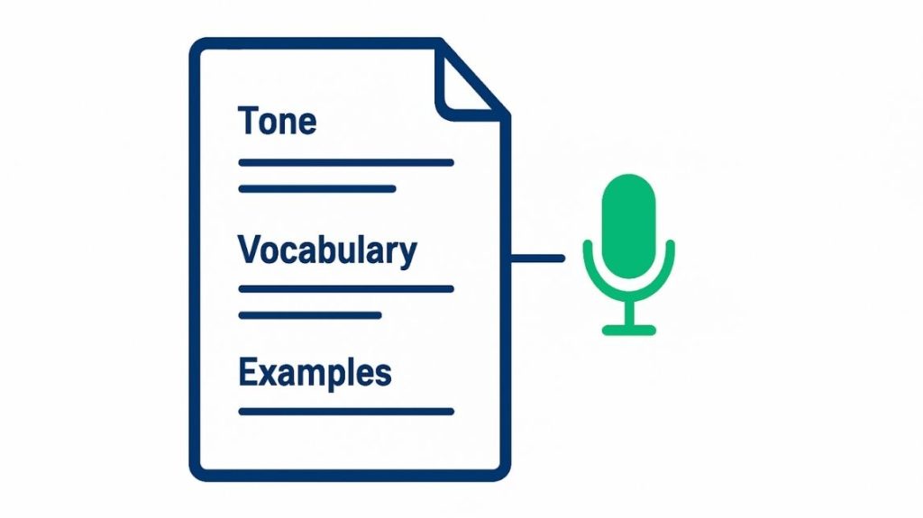 Brand voice documentation system showing a voice reference document with tone, vocabulary, and example sections for AI content writing