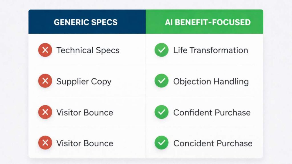 Comparison table showing the gap between generic supplier technical specs and AI-optimized, benefit-focused content