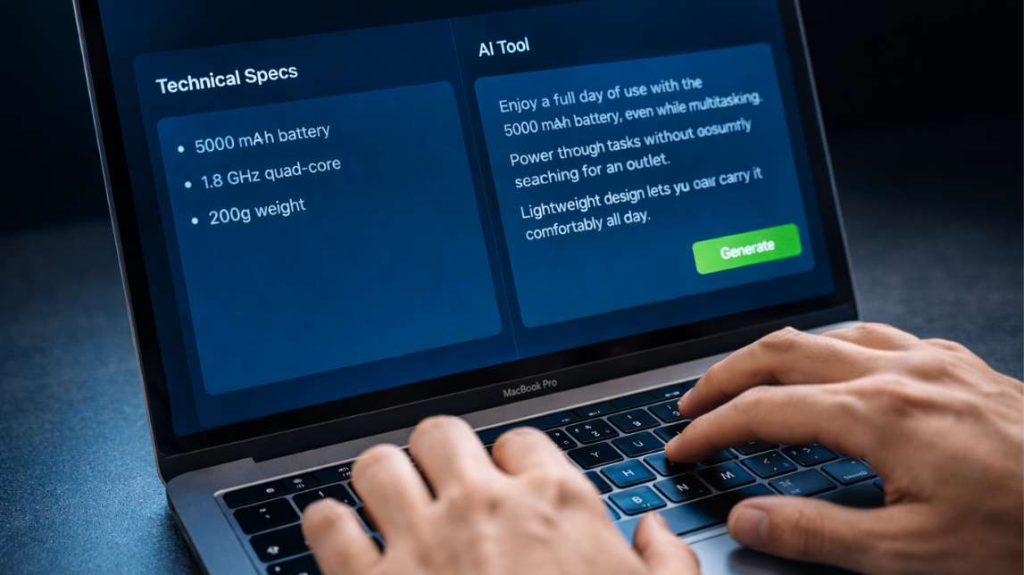 Close-up of an AI interface naturally integrating long-tail SEO keywords into a product description without robotic phrasing