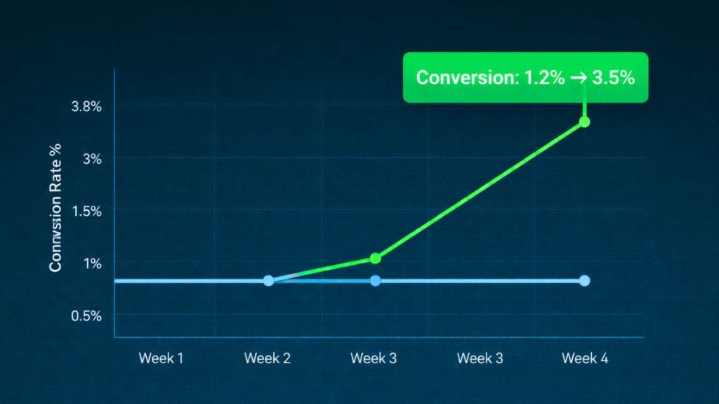 Graphique montrant l'impact de l'AI product content optimization sur le taux de conversion, passant de 1,2% à 3,5% en quatre semaines.