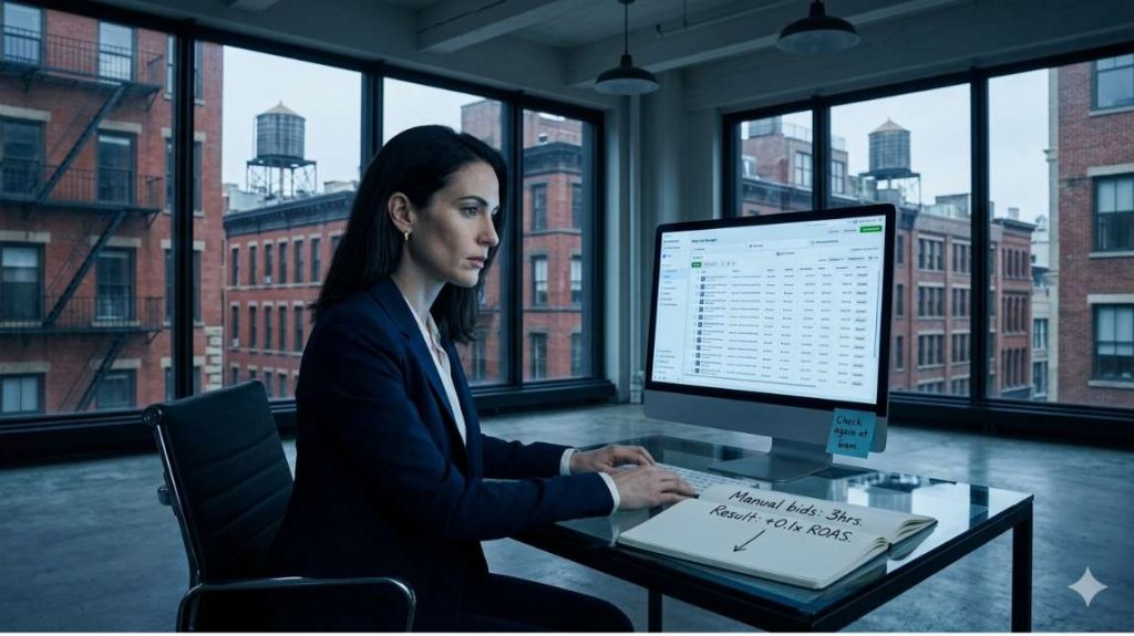 Woman ecommerce founder in New York loft exhausted by manual meta ads bid adjustments - notebook reads "3hrs manual bids, +0.1x ROAS" - ecommerce ads optimization ai problem