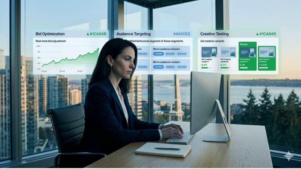 Woman ecommerce founder in Seattle office reviewing 3 AI ads optimization panels - bid optimization, audience targeting and creative testing all showing green ROAS metrics
