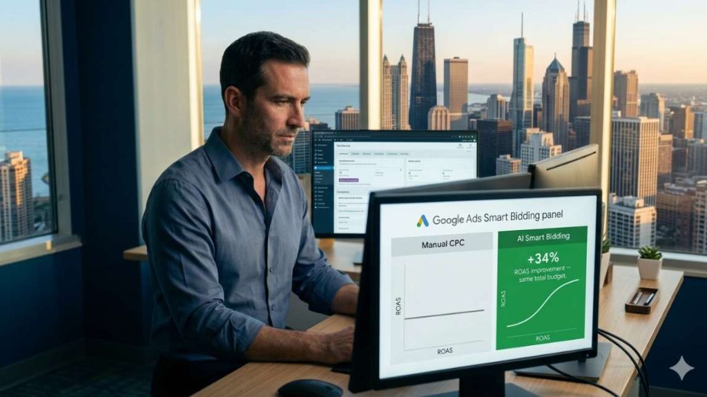 Male ecommerce founder in Memphis office comparing Google ads manual CPC versus AI smart bidding showing 34% ROAS improvement on same budget - ecommerce ads optimization ai US example