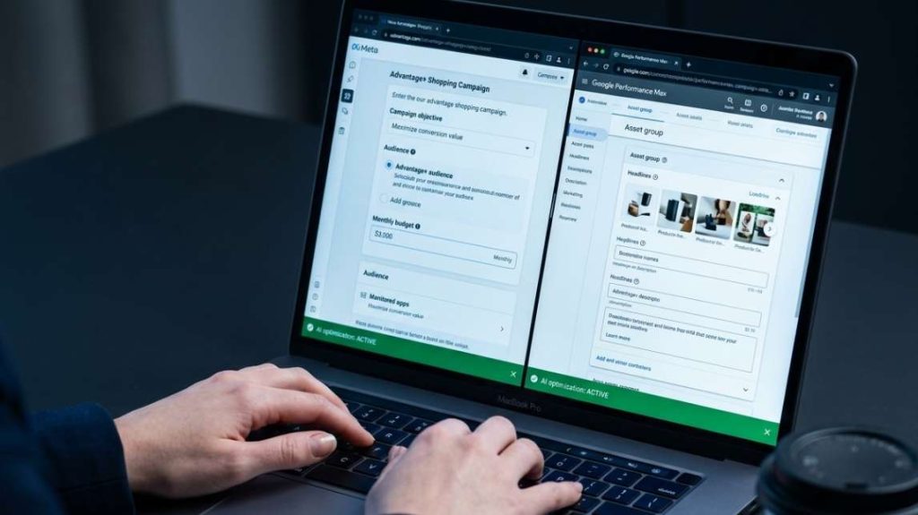 Hands setting up meta advantage+ shopping campaign and Google performance max simultaneously on MacBook pro - AI optimization active - ecommerce ads optimization ai implementation
