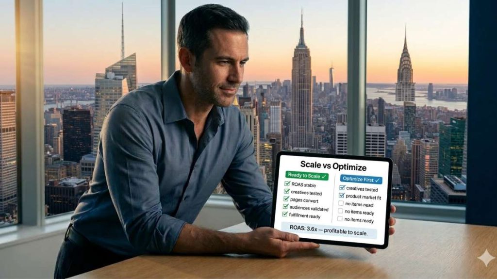 Male ecommerce founder in seattle office holding scale vs optimize checklist tablet showing ROAS 3.6x profitable - ready to scale - ecommerce ads optimization ai next step