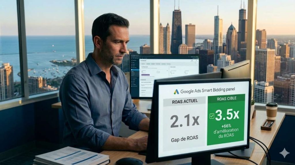 Male ecommerce founder in Chicago river-view office reviewing Meta Ads dashboard showing ROAS gap from 2.1x to 3.5x target - ecommerce ads optimization ai