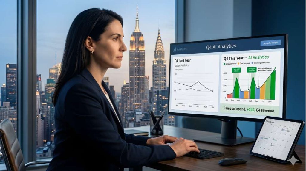 A businesswoman in a New York high-rise office analyzes an ecommerce data dashboard displaying Q4 AI analytics and revenue growth.