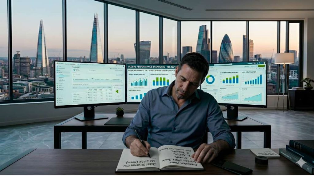 Male ecommerce founder in New York loft overwhelmed by three simultaneous dashboards, Google analytics Shopify Meta, notebook reads "Data everywhere. What do I do with this?", ecommerce ai analytics revenue problem