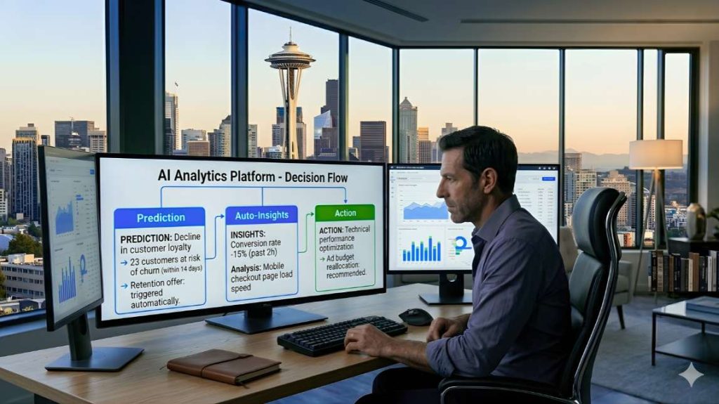 Ecommerce founder in seattle office reviewing AI analytics platform showing 3 capability panels, churn prediction, anomaly detection and automatic action recommendation, ecommerce ai analytics revenue solution