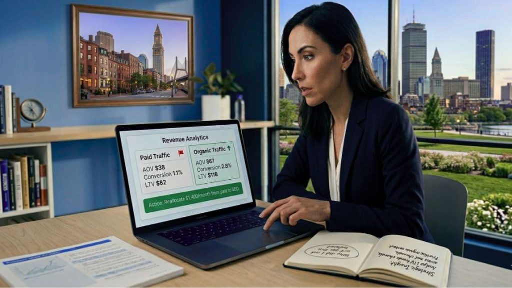 Woman ecommerce founder in sacramento office discovering AI analytics revenue comparison showing organic traffic AOV $67 versus paid traffic AOV $38, action to reallocate budget, ecommerce ai analytics revenue US example