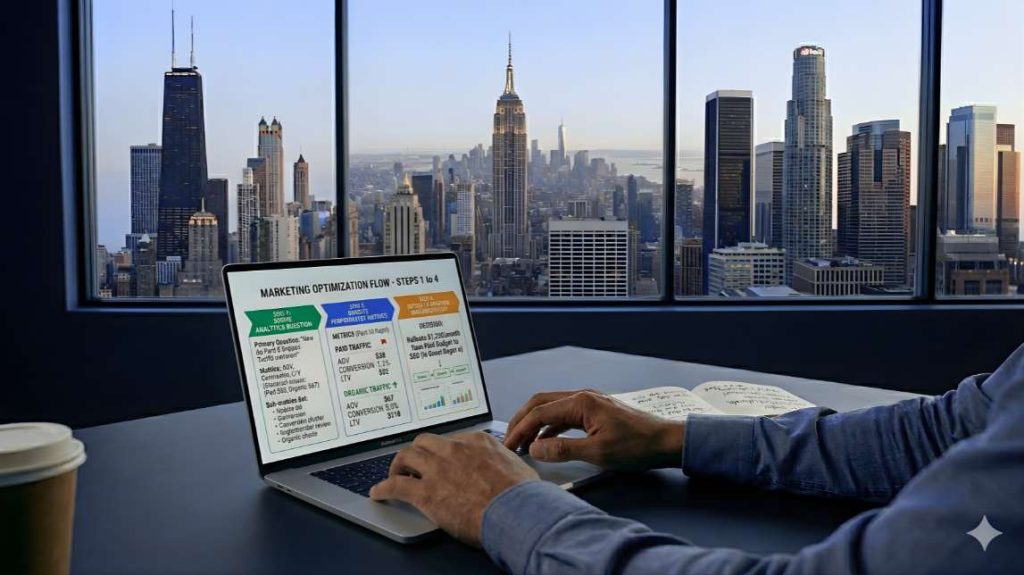 Hands connecting Shopify Google analytics Klaviyo and Meta ads to AI analytics platform, 4 step implementation setup at Step 2 data sources, ecommerce ai analytics revenue implementation
