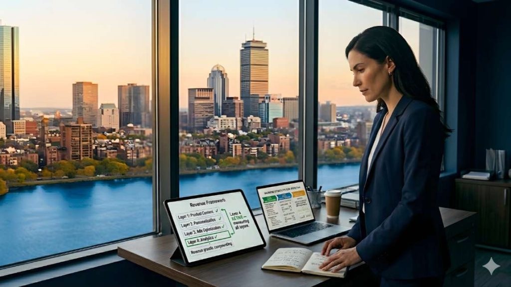 Confident woman ecommerce founder in Boston office holding tablet showing complete 4 layer AI revenue framework with analytics layer 4 active and measuring all layers, ecommerce ai analytics revenue CTA