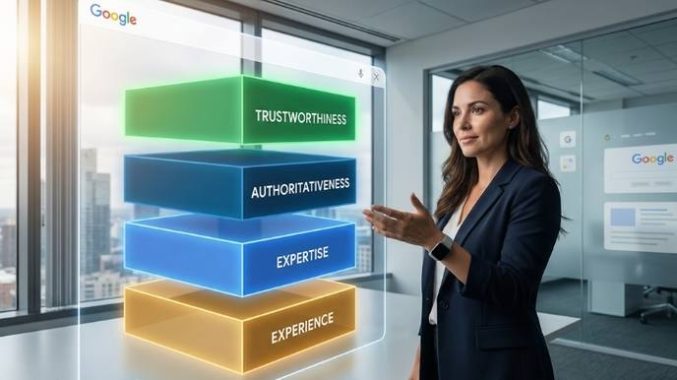 Professional strategist presenting four illuminated E-E-A-T pillars representing Experience, Expertise, Authoritativeness, and Trustworthiness framework for AI content creators in 2026