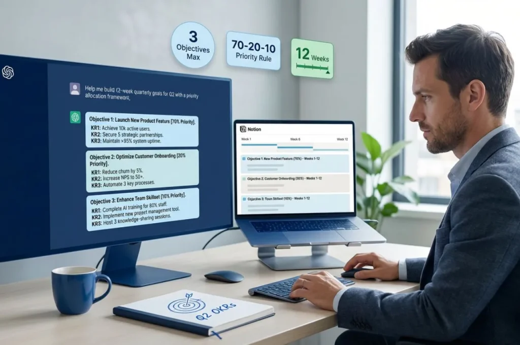 Entrepreneur using AI-assisted OKRs creating twelve-week quarterly goals with ChatGPT showing three objectives maximum with priority allocation seventy-twenty-ten percent connecting goals to actual time investment preventing quarterly goal failure

