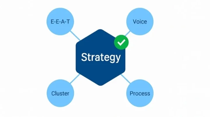 AI content strategy cluster map showing hub-and-spoke architecture with E-E-A-T, brand voice, cluster, and process nodes for content planning in 2026