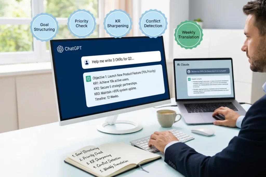 Entrepreneur using ChatGPT and Claude AI prompts for OKR creation showing five strategic prompts including goal structuring, priority weight check, key result sharpening, conflict detection, and weekly priority translation turning vague goals into structured actionable plan
