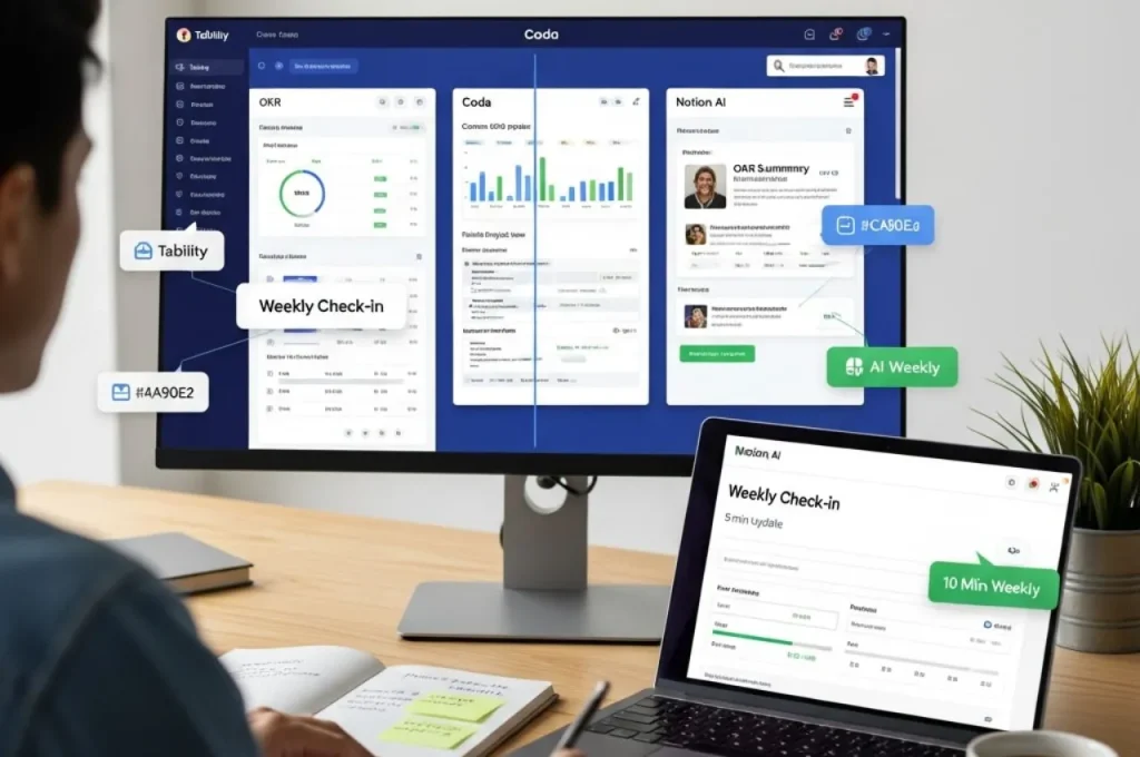 Entrepreneur using AI OKR tracking tools including Tability for structured tracking, Coda for custom dashboard, and Notion AI for weekly check-ins showing three different platforms for quarterly goal monitoring taking under ten minutes weekly
