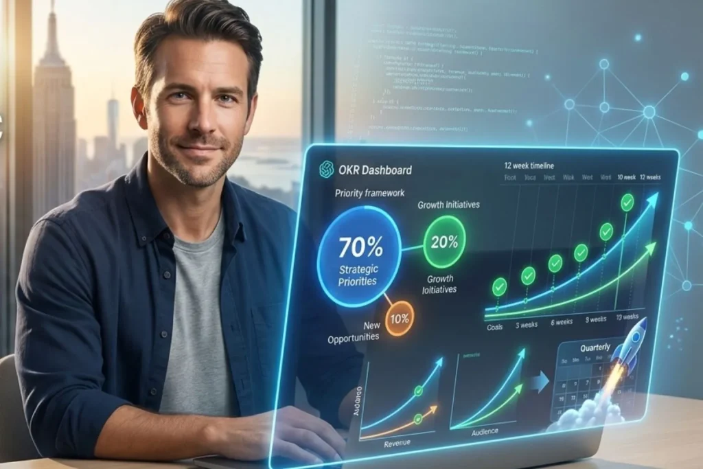 Entrepreneur using AI-powered quarterly strategic planning framework with twelve-week OKR system transforming busy-but-not-growing trap into aligned time allocation showing sixty-seven percent of US entrepreneurs without quarterly planning versus systematic goal alignment achieving three times decision velocity
