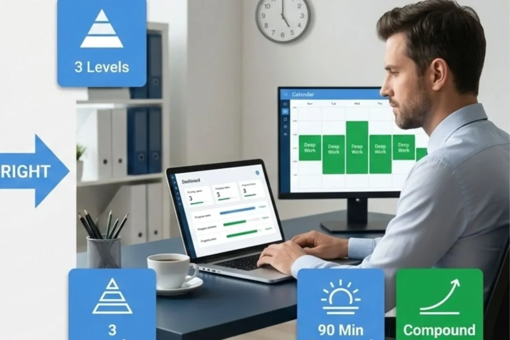 Entrepreneur transitioning from exhausted reactive work at cluttered desk with scattered tasks to focused strategic builder protecting morning deep work blocks showing time as capital investment achieving compound progress through priority alignment