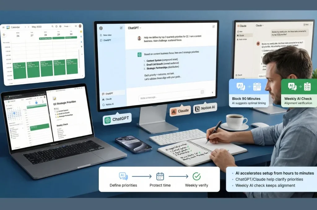 Entrepreneur using ChatGPT AI assistant implementing three-step strategic time management showing step one defining quarterly priorities with AI help, step two blocking ninety-minute deep work sessions in calendar, step three running AI-powered weekly priority alignment check
