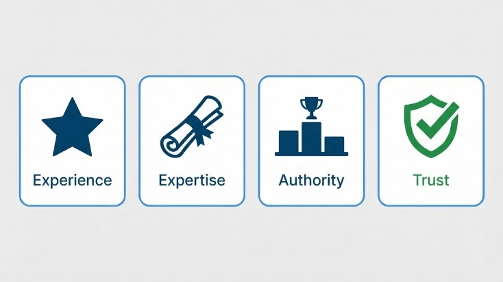 Four E-E-A-T pillars -Experience, Expertise, Authority, Trust - the Google quality framework every AI content strategy must satisfy in 2026