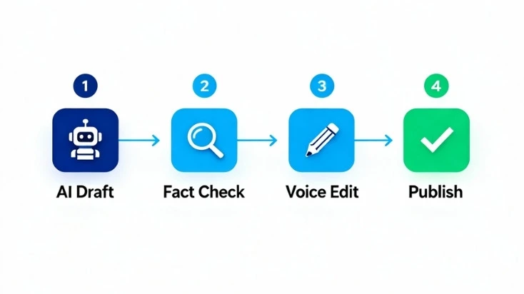 Four-step editorial workflow - AI draft, fact check, voice edit, publish - the human layer at the core of every AI content strategy in 2026