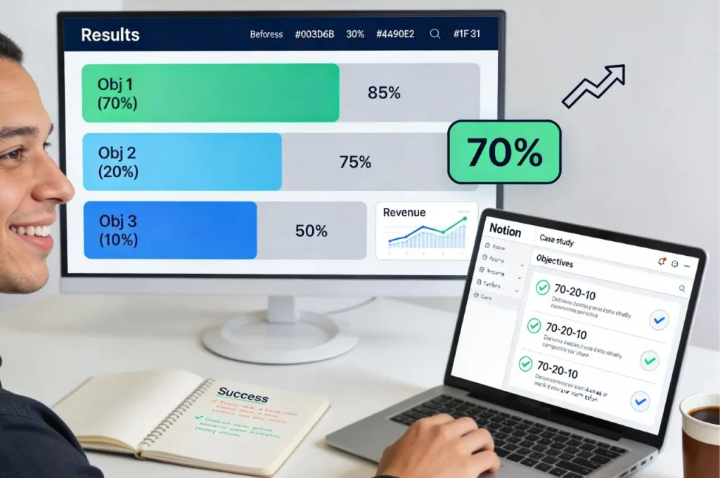 OKR results dashboard showing seventy percent priority allocation to main objective achieving revenue growth with three objectives and measurable progress bars demonstrating focused strategic time investment outcomes
