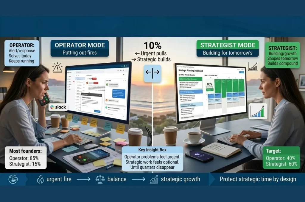 Entrepreneur facing operator versus strategist tension showing operator mode solving urgent immediate problems consuming eighty-five percent time versus strategist mode protecting time for work that compounds with visual split between reactive urgency and strategic building
