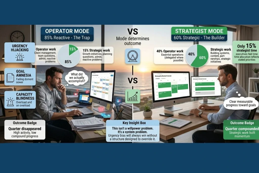 Split comparison showing operator mode entrepreneur spending eighty-five percent time on reactive tasks client management admin versus strategist mode spending sixty percent on strategic work building compound progress with fifteen percent typical strategist time causing quarters to disappear
